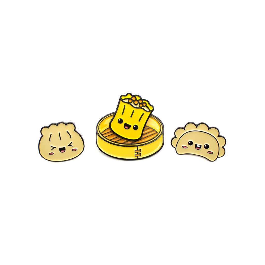 Dim Sum enamel pin set on white background