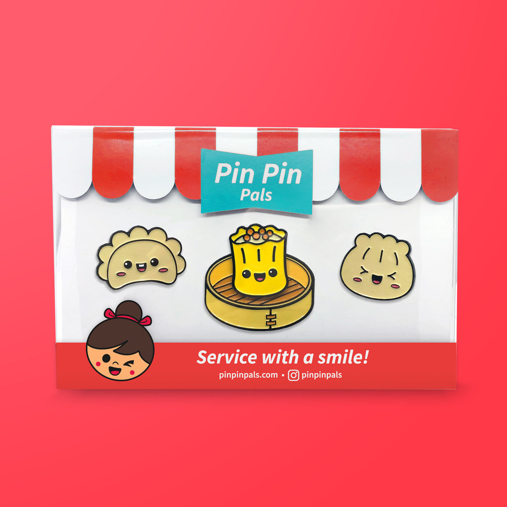 Pin Pin Pals Dim Sum enamel pin set in packaging box on red background