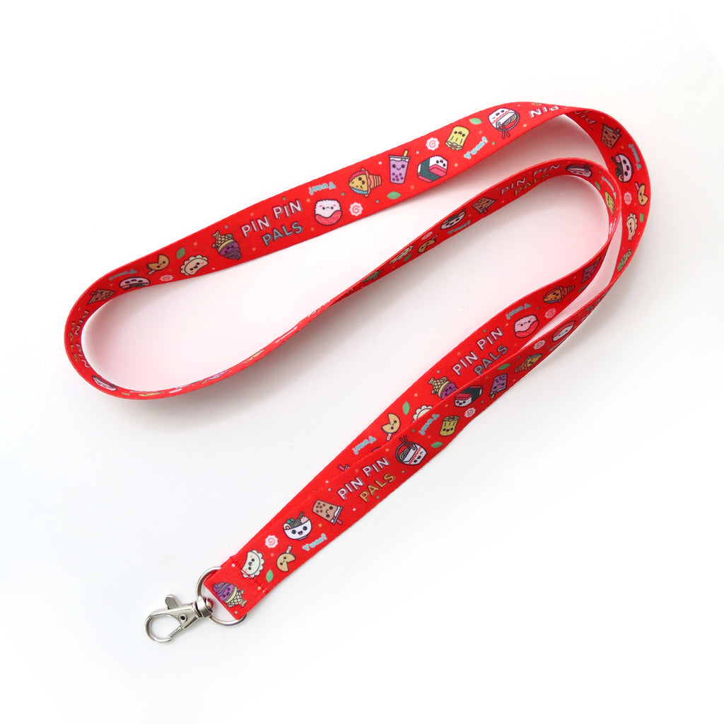 Pin Pin Pals red Foodies lanyard on white background