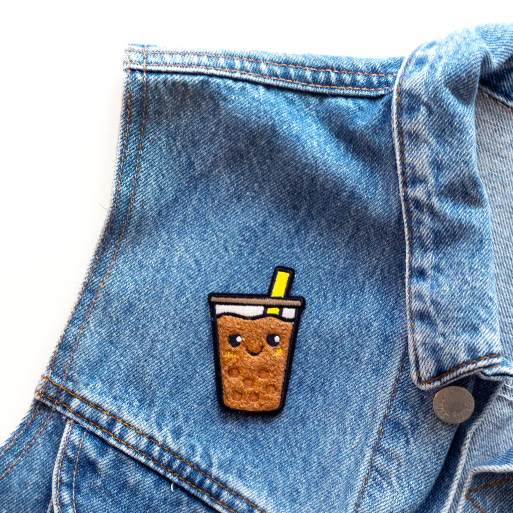 Boba Milk Tea iron on patch on a jean jacket vest