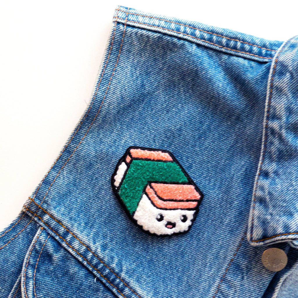 Spam Musubi iron on chenille patch on jean jacket vest