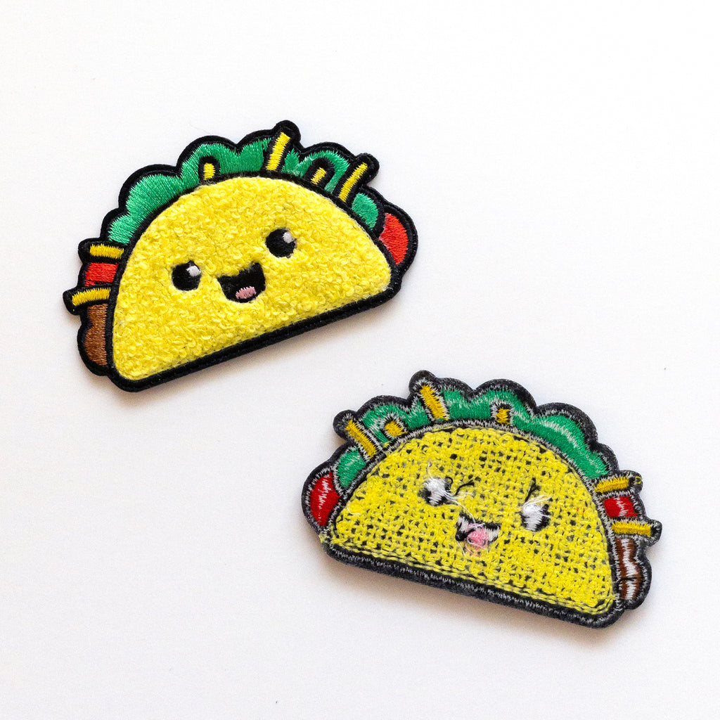 Front and back of Taco iron on chenille patches