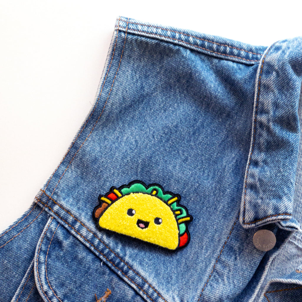 Taco iron on chenille patch on jean jacket