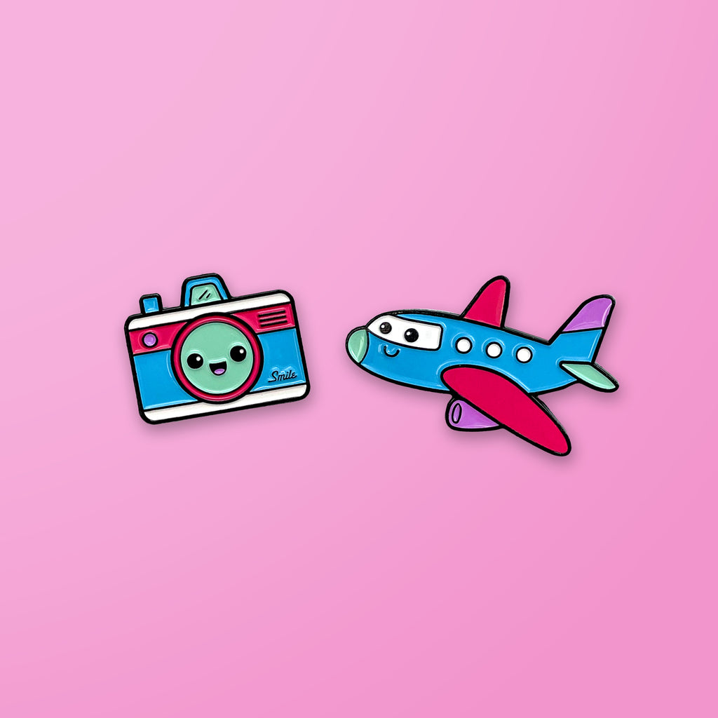 Neon Camera and Plane Enamel Pins