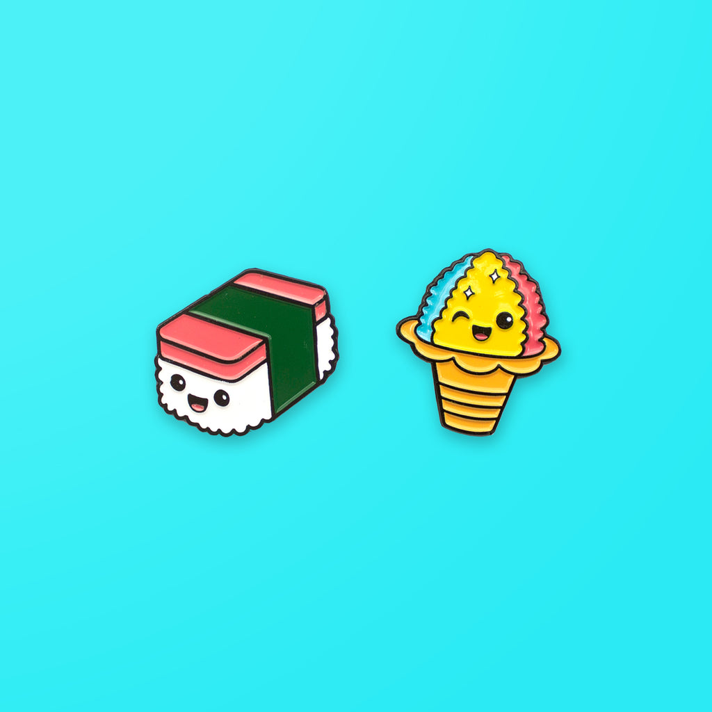 Spam Musubi and Shaved Ice enamel pin set on blue background