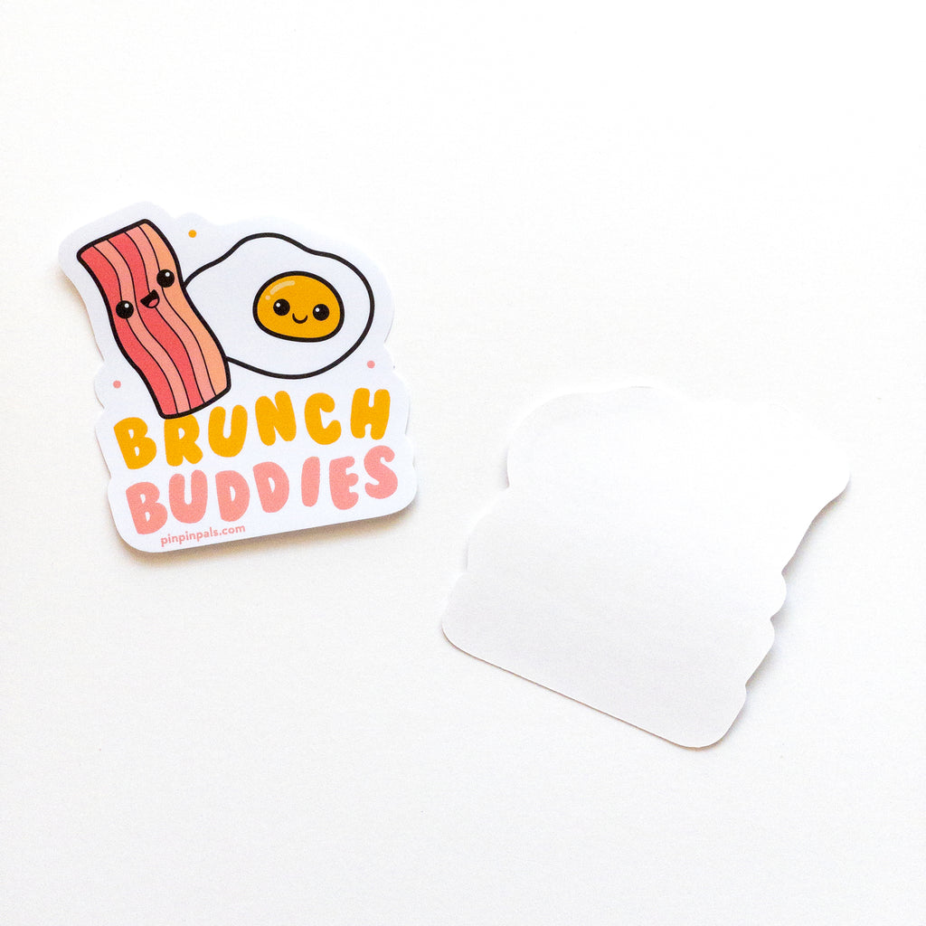 Front and back of two Brunch Buddies - egg and bacon vinyl stickers