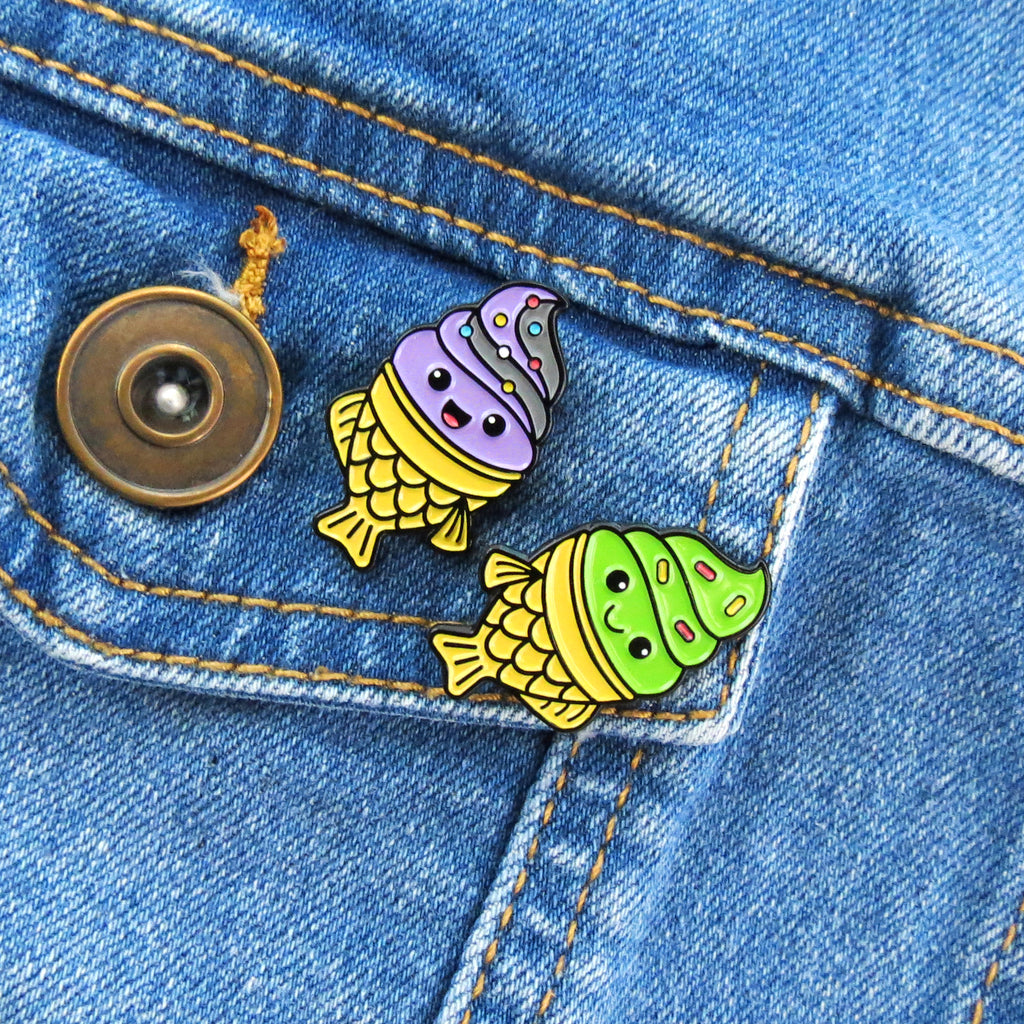 Taiyaki enamel pins on jean jacket pocket