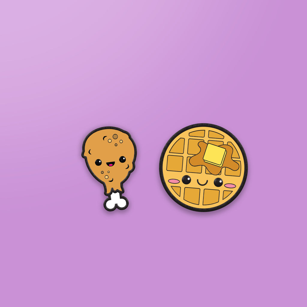 Chicken & Waffle enamel pin set on purple background