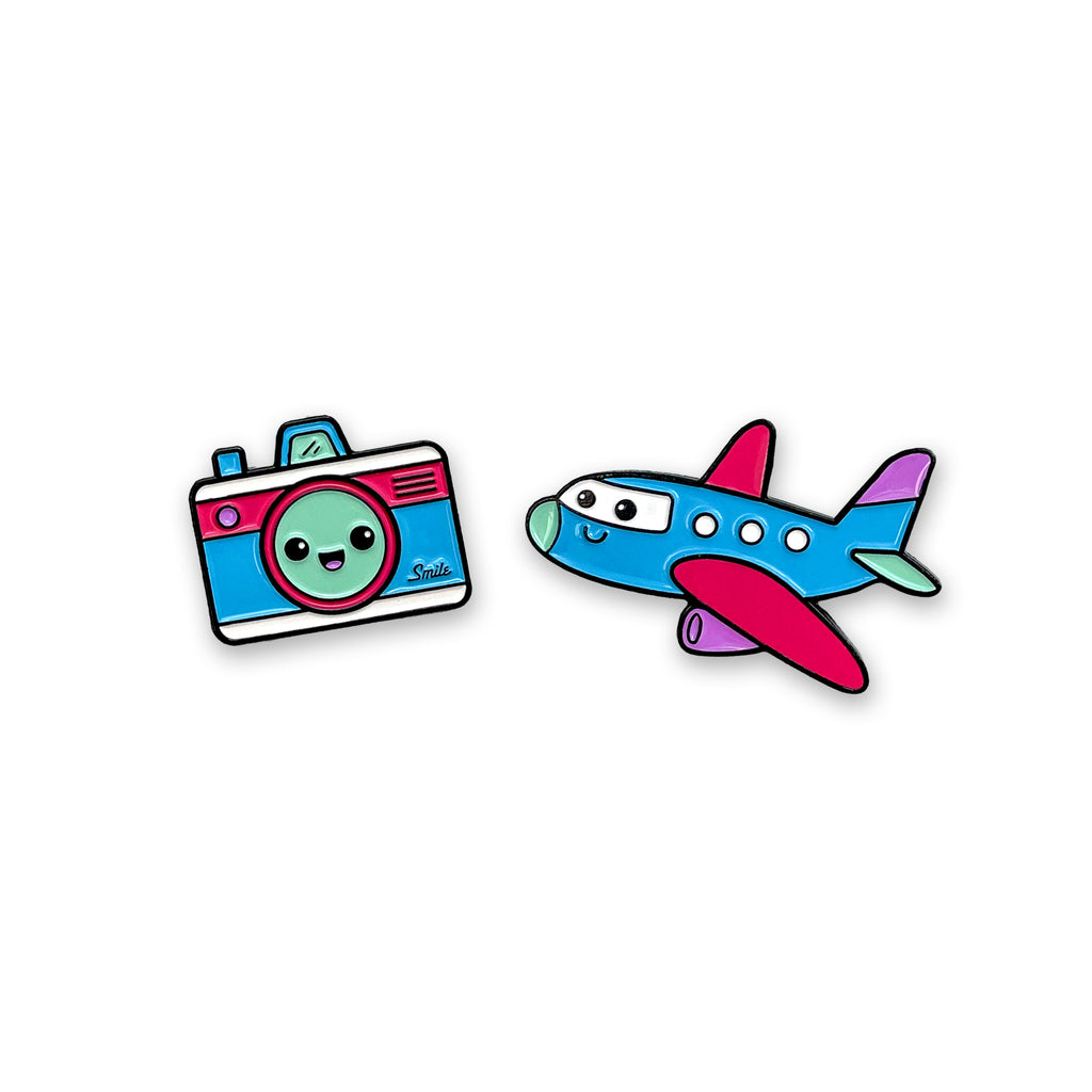 Camera and Plane Enamel Pins - Pink and Purple Colors