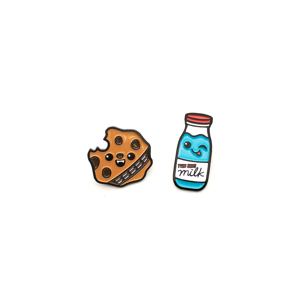 Star Wars Wookie Cookie and Blue Milk enamel pins on white background